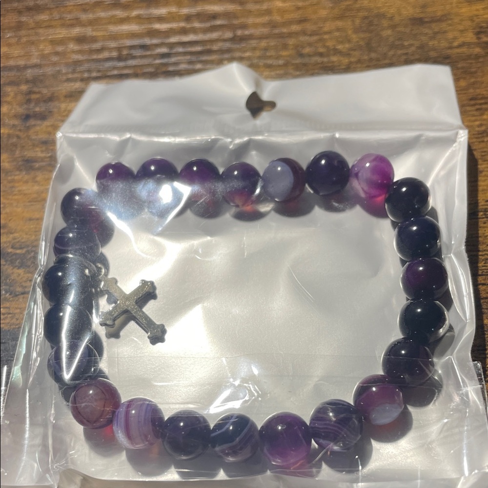 Purple Beaded Bracelet with Silver Cross Charm - Picture 4 of 4